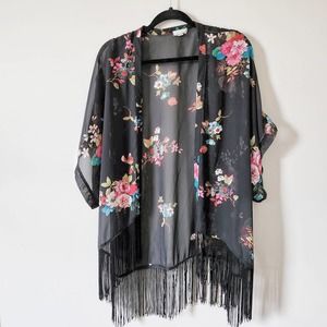 Eyeshadow Black Floral Kimono with Fringe